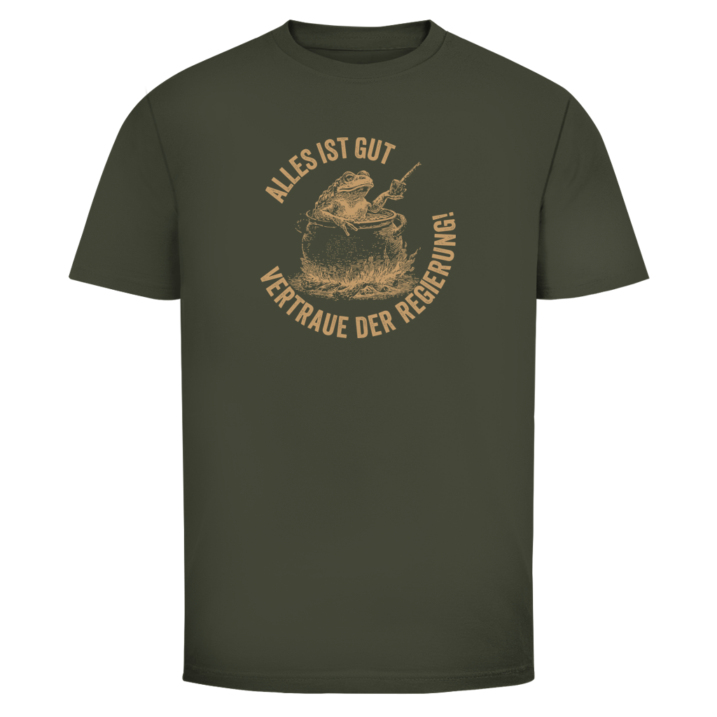 Herren T-Shirt Alles ist gut - vertraue der Regierung! (Frosch im Kochtopf)