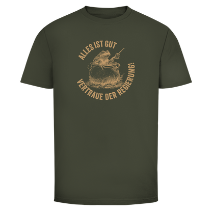 Herren T-Shirt Alles ist gut - vertraue der Regierung! (Frosch im Kochtopf)