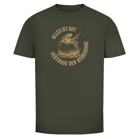 Herren T-Shirt Alles ist gut - vertraue der Regierung! (Frosch im Kochtopf)