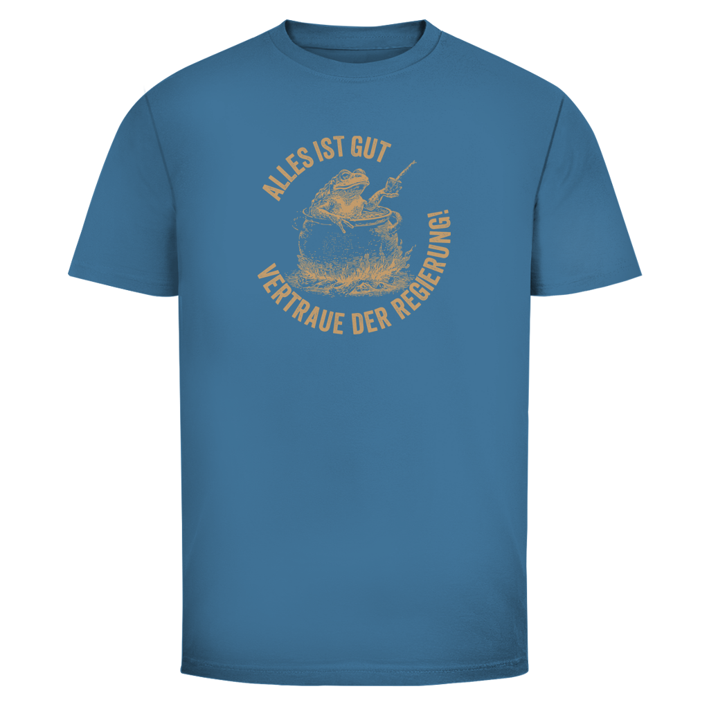 Herren T-Shirt Alles ist gut - vertraue der Regierung! (Frosch im Kochtopf)